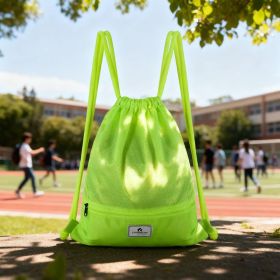 Drawstring Backpack String Bag Foldable Sports Sack with Zipper Pocket (Main Color: Green, Main Material: Polyester)