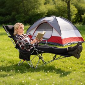 Portable Folding Camping Chair with Removable Footrest Waterproof Oxford Cloth Support 220lbs Multifunctional Recliner Chair with Cup Holder & Side Po (Color: Black)